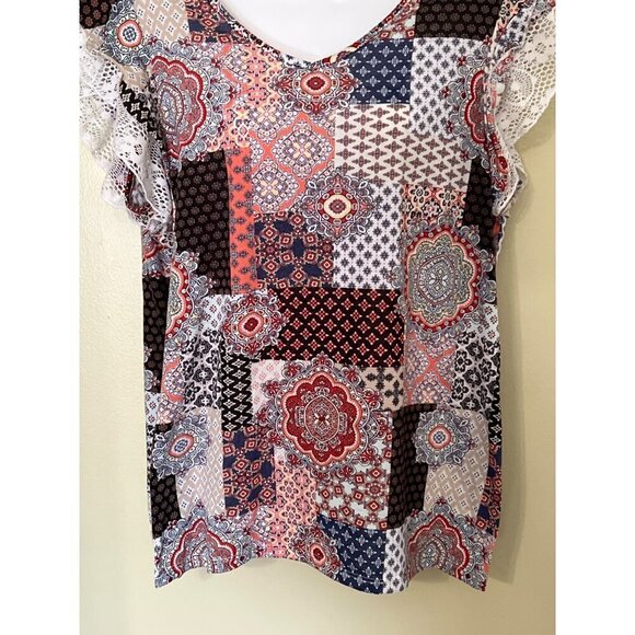 Patchwork Print Boho Top With Lace Ruffle Sleeves Bobbie Brooks Large Lagom - Picture 8 of 11